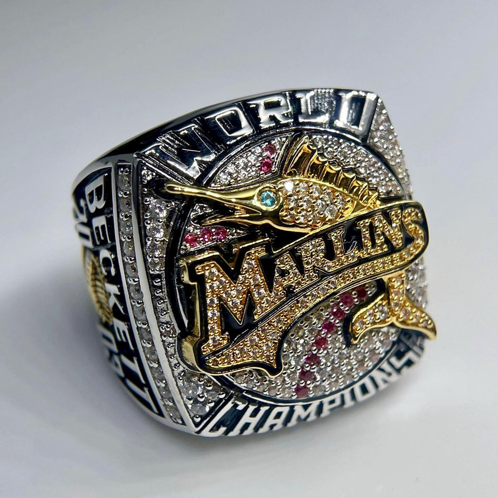 Marlins World Series championship ring on a white background
