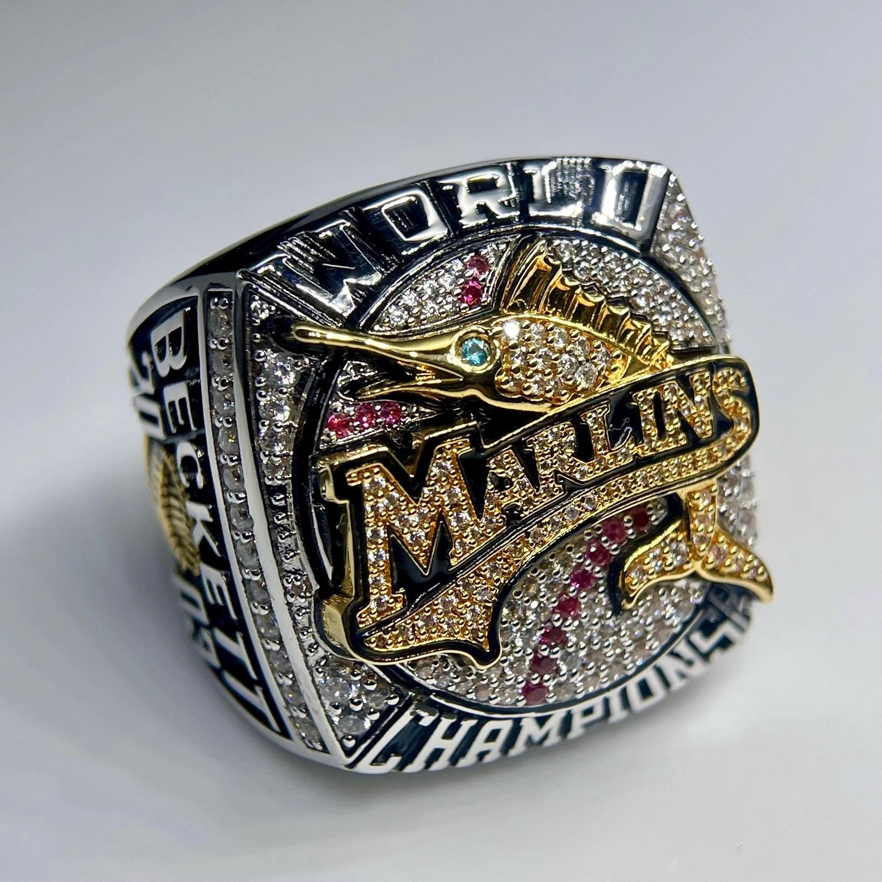 Marlins World Series championship ring on a white background