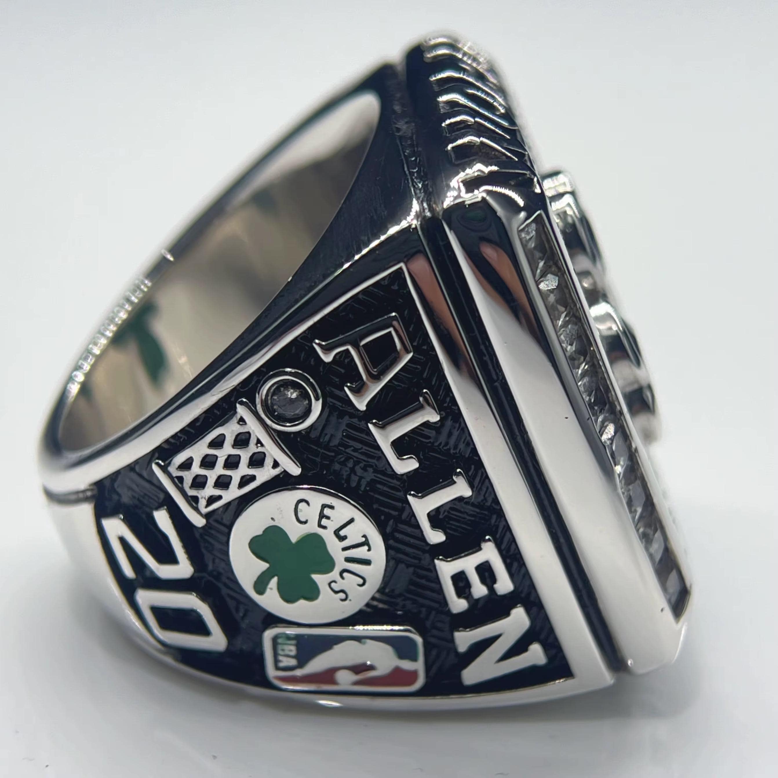 Silver ring with 'Allen' and number '20' on a white background