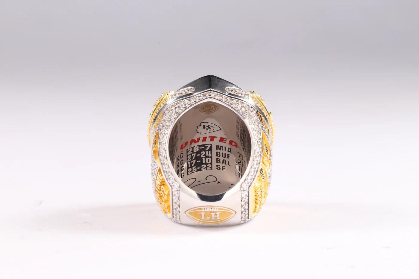 Silver and gold sports championship ring with engraved text on a white background
