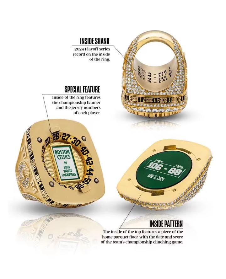 Three championship rings with detailed inscriptions on a white background