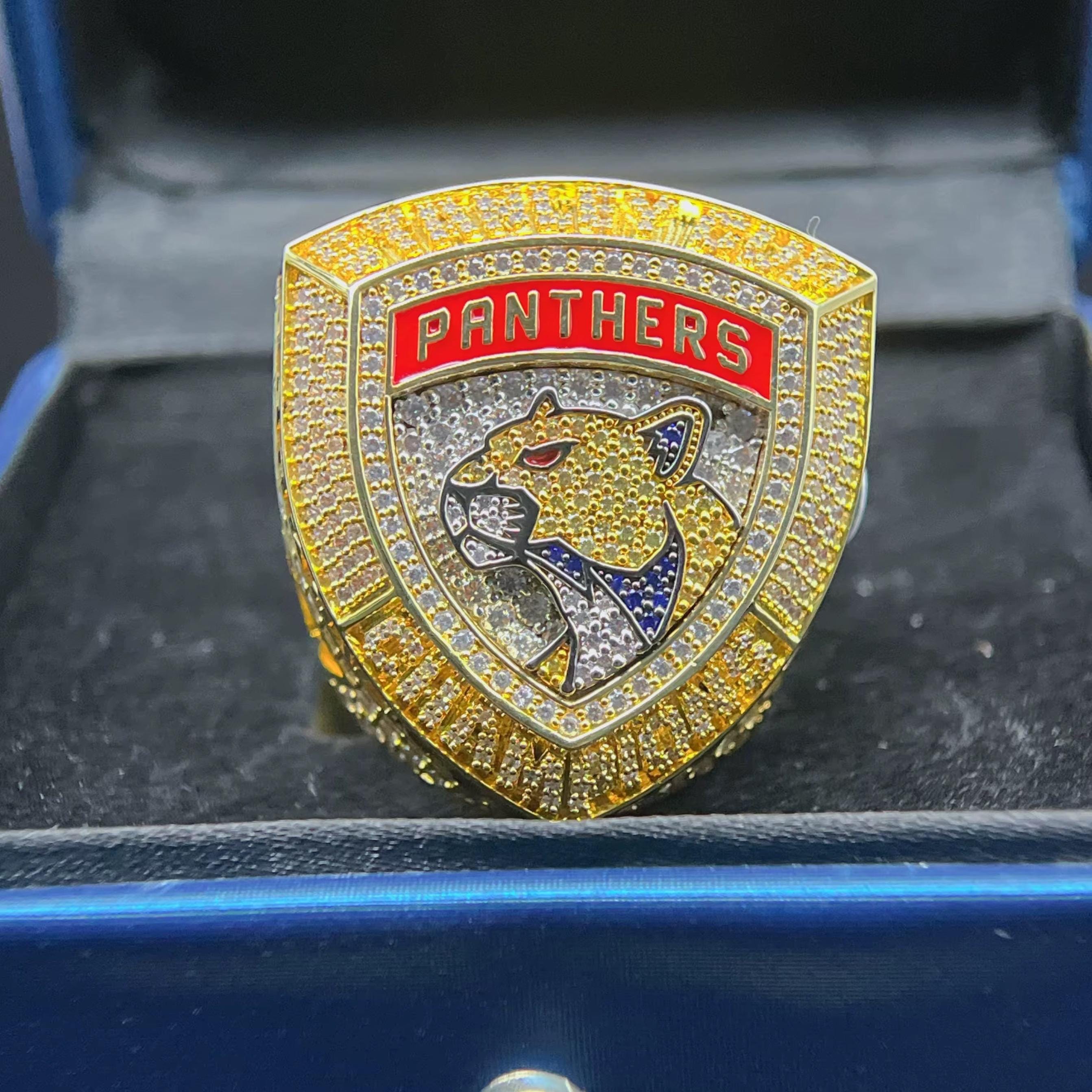 Gold and red emblem with panther design and 'PANTHERS' text on a black background