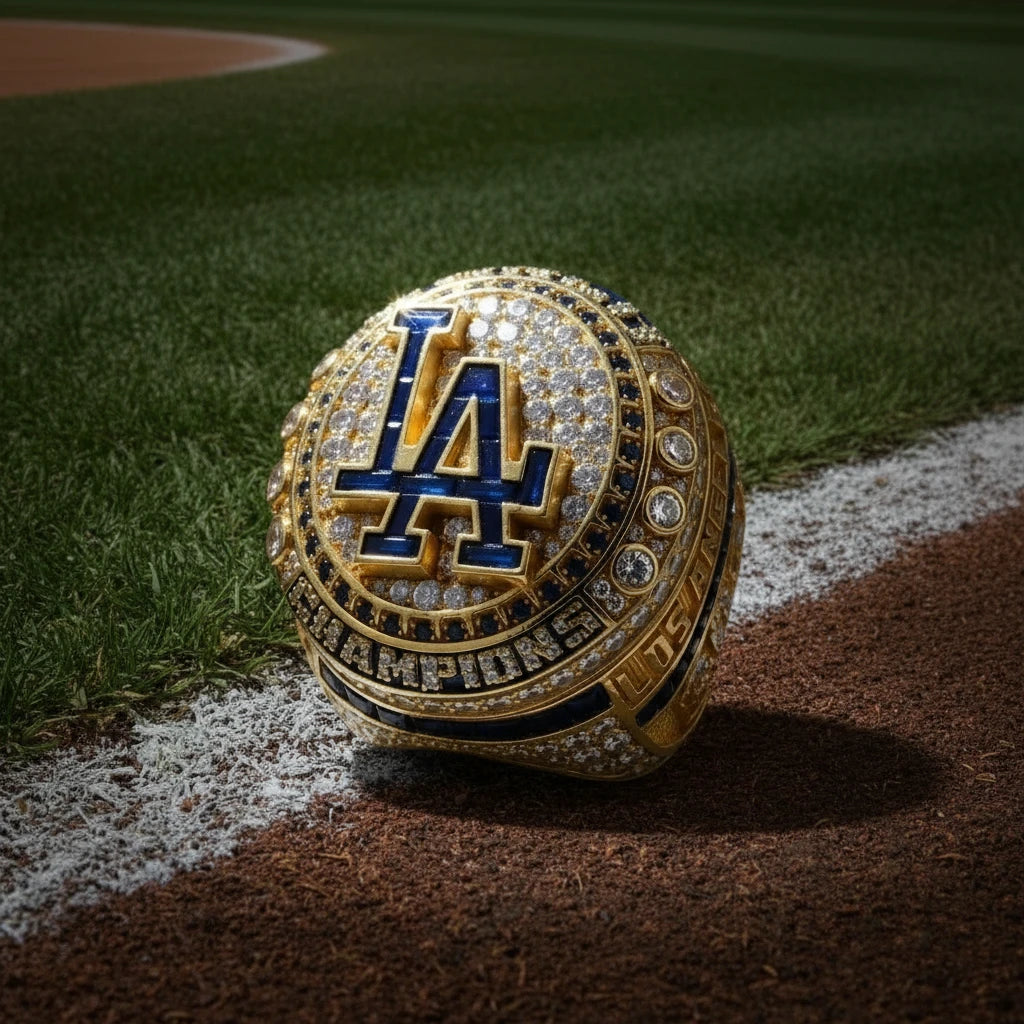 Gold championship ring with blue 'LA' logo on a white background