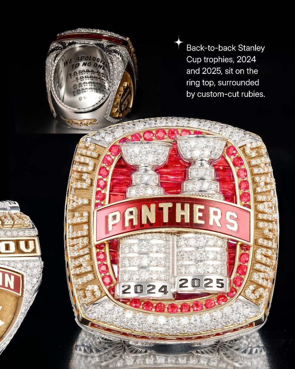 Stanley Cup trophy ring with 'Panthers' and years 2024 and 2025 on a black background.