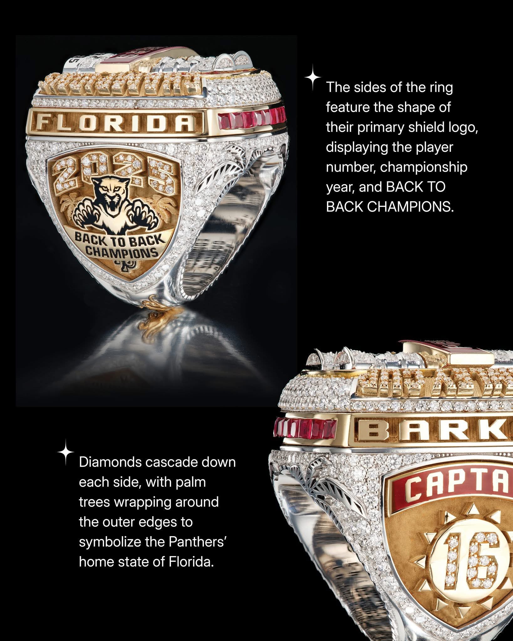 Florida championship ring with detailed design and text on a black background