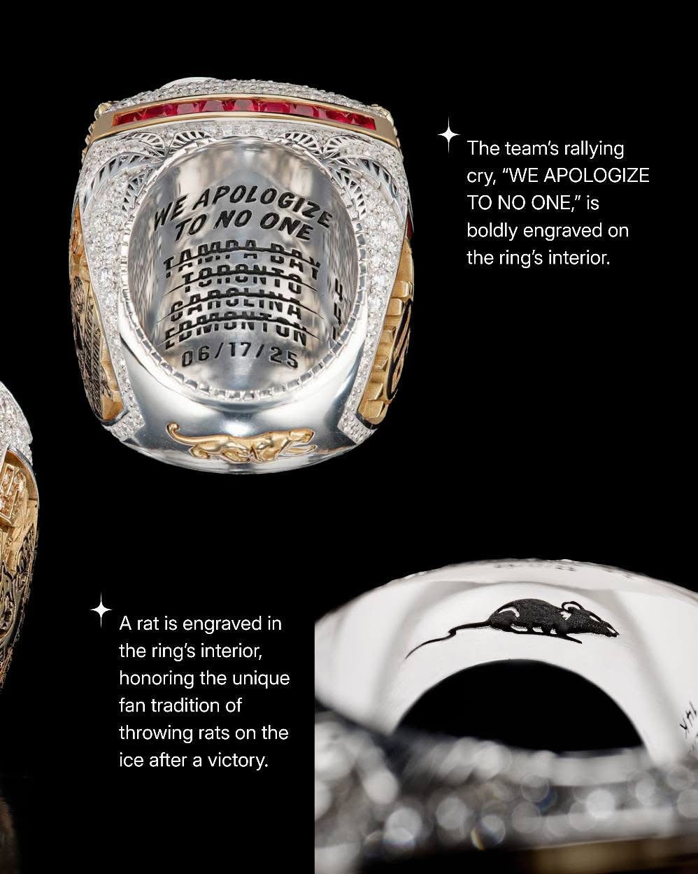 Close-up of a championship ring with engraved text and a rat, on a black background.