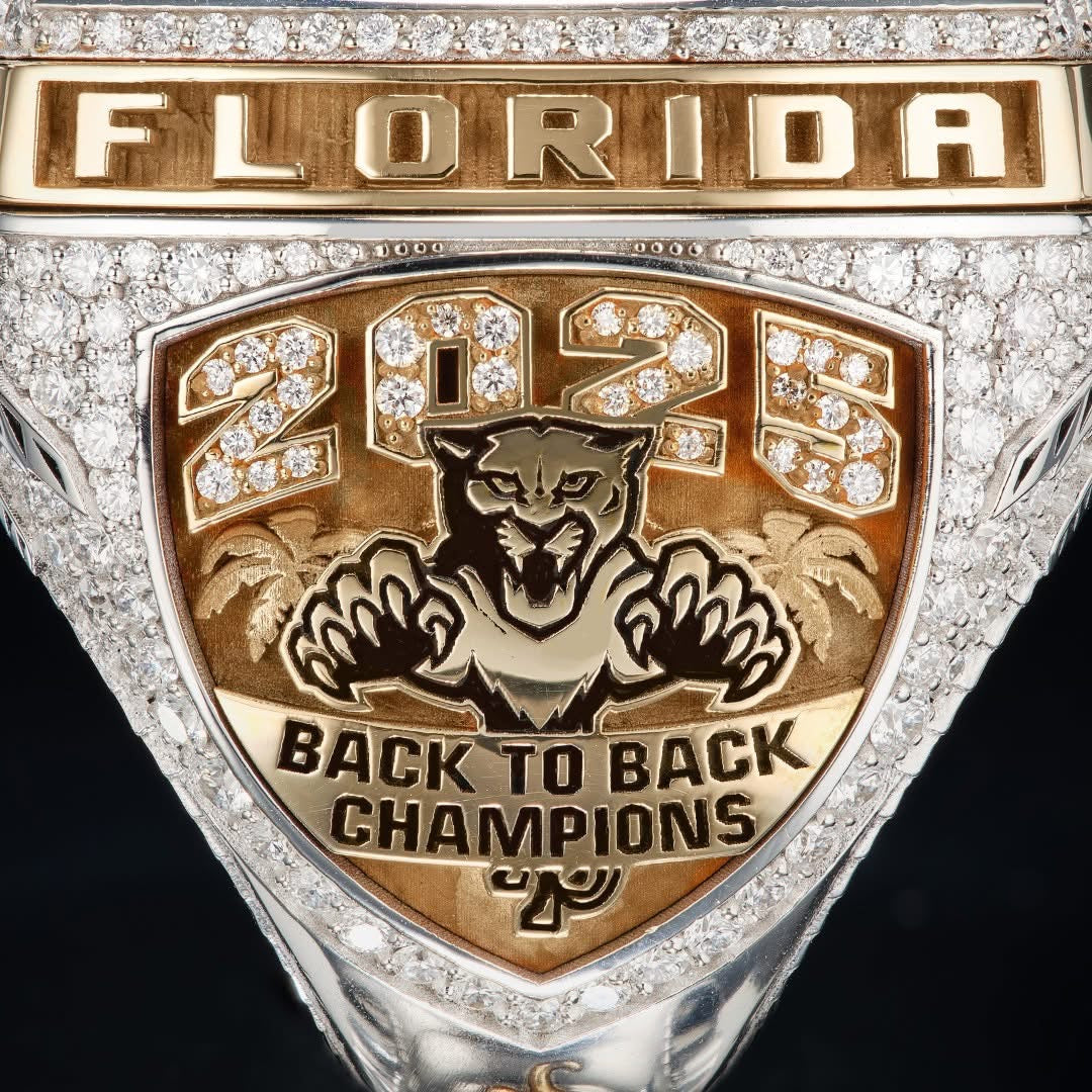 Ring with 'Florida' and '2025 Back to Back Champions' text, featuring a panther logo.