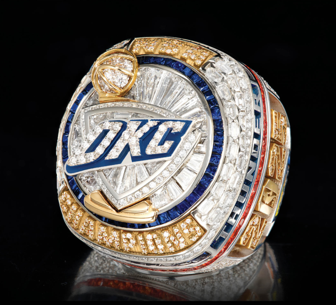 Luxury ring with 'OKC' logo on a black background