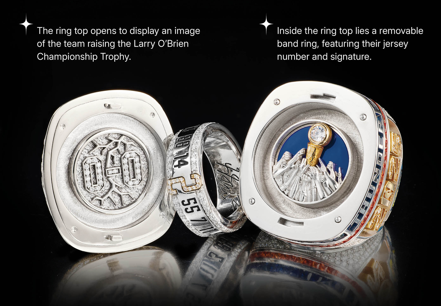 Silver ring with a detachable band featuring a trophy image and text about the Larry O'Brien Championship Trophy.
