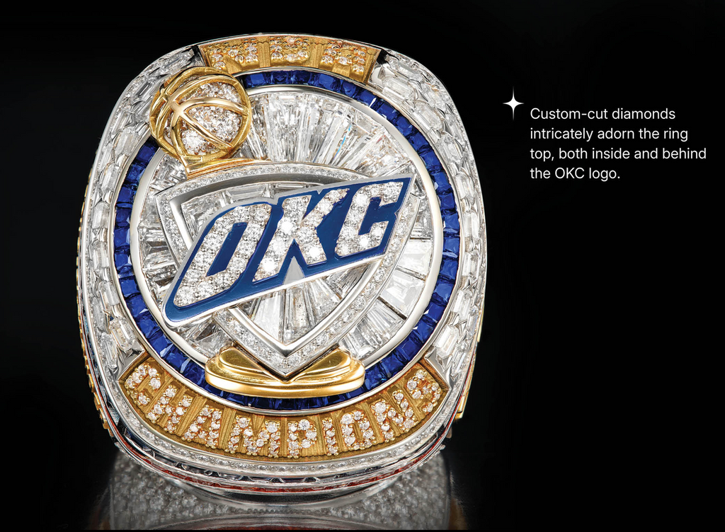 Elegant ring with 'OKC' logo and diamond accents on a black background
