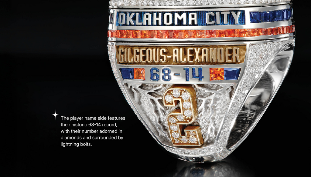 Silver ring with 'Oklahoma City' and 'Gilgeous Alexander' engraved, on a black background.
