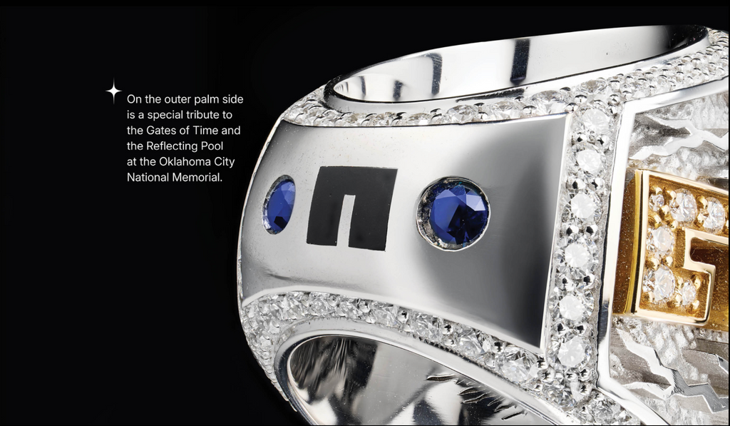 Silver ring with blue gemstones and gold accents on a black background